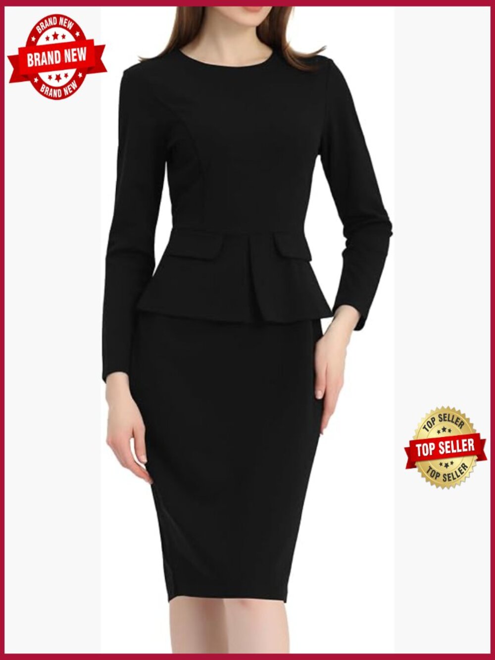Women's Bodycon Peplum Sheath Dress Long Sleeve Work Midi